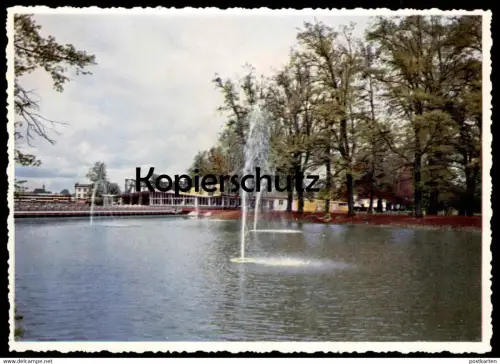 ALTE POSTKARTE KASSEL WASSERSPIELE MIT HAUPTGASTSTÄTTE UND ORANGERIE BUNDESGARTENSCHAU MAI - OKTOBER 1955 BUGA AK cpa