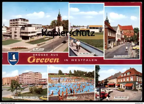 ÄLTERE POSTKARTE GRÜSSE AUS GREVEN AM HALLENBAD FREIBAD KIRCHSTRASSE MÜNSTERSTRASSE RATHAUS WOHNVIERTEL Ansichtskarte