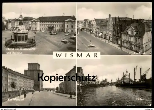 ÄLTERE POSTKARTE WISMAR VOR WENDORF AM MARKT MIT WASSERKUNST UND RATHAUS HAFEN Kaktus Briefmarke cactus stamp postcard