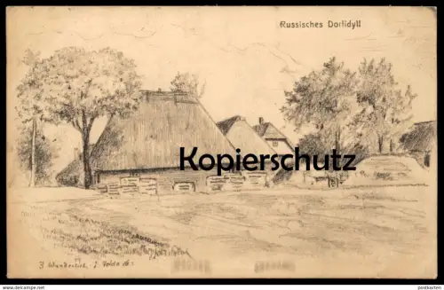 ALTE KÜNSTLER POSTKARTE RUSSLAND DORF DORFIDYLL 1. WELTKRIEG J. WUNDERLICH IM FELDE 1916 Russia postcard Ansichtskarte