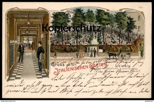 ALTE LITHO POSTKARTE LEIPZIG GRUSS AUS DEM ITALIENISCHEN GARTEN CARL BAETZ FRANKFURTER U. LESSINGSTRASSE Italienischer