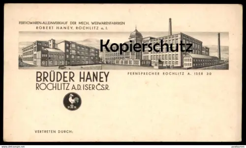ALTE KARTE ROCHLITZ A. D. ISER BRÜDER ROBERT HANEY WEBWARENFABRIK ROKYTNICE Tschechische Republik ceska republika czech
