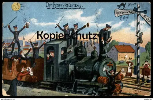 ALTE POSTKARTE DER RESERVISTENZUG PAROLE HEIMAT WARME WÜRSTCHEN KATZE SOLDATEN HUMOR Zug cat chat Bier Stempel Plauen AK