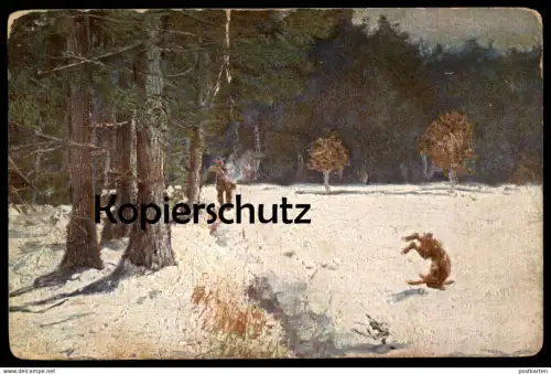 ALTE KÜNSTLER POSTKARTE JAGD IM SCHNEE HASE JÄGER hunting chasse chase chasseur hunter Gewehr Wild cpa postcard AK