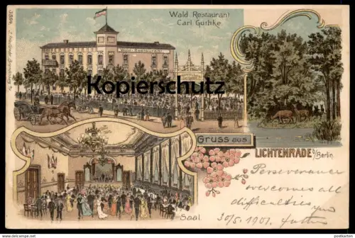 ALTE LITHO POSTKARTE GRUSS AUS LICHTENRADE BEI BERLIN WALD RESTAURANT CARL GUTHKE SAAL Kutsche Ansichtskarte postcard AK