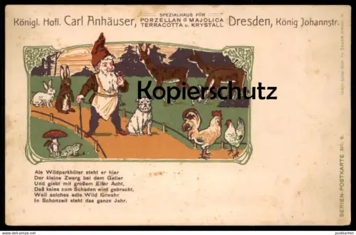ALTE POSTKARTE DRESDEN CARL ANHÄUSER KÖNIGLICHER HOFLIEFERANT PORZELLAN ZWERG FROSCH frog dwarf midget nain postcard