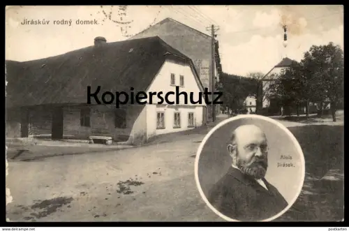 ALTE POSTKARTE JIRASKUV RODNY DOMEK ALOIS JIRASEK Reklame Sukna Satku Ceska Tschechische Repubilk Ansichtskarte postcard