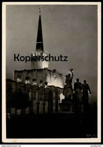 ALTE POSTKARTE LEIPZIG MESSE MESSEGELÄNDE BEI NACHT BELEUCHTUNG HALLE DER SOWJETUNION 1952 AK Ansichtskarte postcard cpa