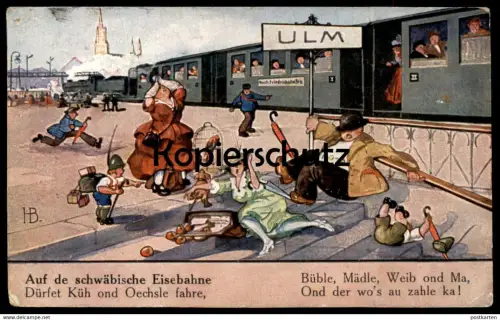 ALTE KÜNSTLER POSTKARTE ULM AUF DE SCHWÄBISCHE EISEBAHNE DÜRFET KÜH UND... sign. HB Eisenbahn Ansichtskarte postcard