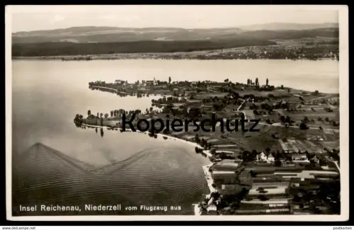 ALTE POSTKARTE INSEL REICHENAU IM BODENSEE NIEDERZELL VOM FLUGZEUG AUS FLIEGERAUFNAHME LUFTBILD Ansichtskarte postcard