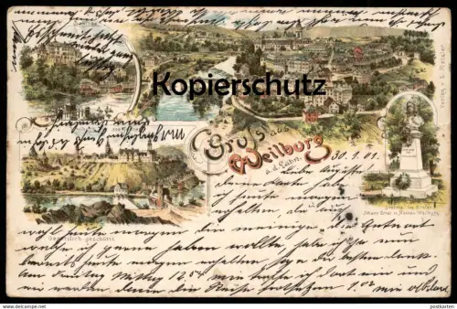 ALTE LITHO POSTKARTE GRUSS AUS WEILBURG AN DER LAHN DENKMAL GRAFEN NASSAU SCHLOSS VOR 300 JAHREN postcard Ansichtskarte