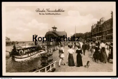 ALTE POSTKARTE DRESDEN BEI DEN SCHIFFSHALTEPLÄTZEN GROSSSTADTLEBEN HUND DACKEL FRAUEN women dog postcard Ansichtskarte