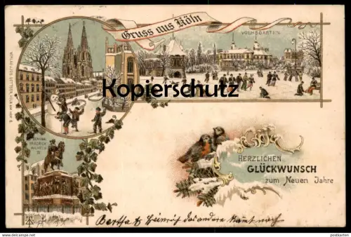 ALTE WINTER LITHO POSTKARTE GRUSS AUS CÖLN VOLKSGARTEN SCHNEEMANN DOM DENKMAL NEUJAHR KÖLN Ansichtskarte AK cpa postcard