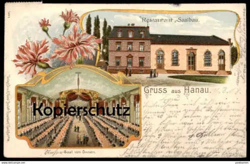 ALTE LITHO POSTKARTE GRUSS AUS HANAU RESTAURANT SAALBAU SAAL VON INNEN Verlag Rosenblatt Ansichtskarte AK cpa postcard