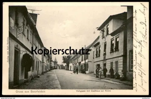 ALTE POSTKARTE GRUSS AUS BEERFELDEN VIEHGASSE MIT GASTHAUS ZUR KRONE Restauration Gaststätte Ansichtskarte cpa postcard