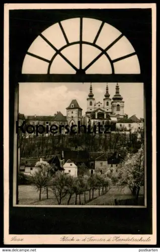ALTE POSTKARTE SAAZ BLICK AUS DEM FENSTER DER HANDELSSCHULE Zatec school Tschechien Tschechische Repulik postcard