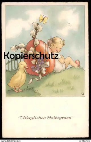 ALTE POSTKARTE HERZLICHEN OSTERGRUSS KÜKEN MÄDCHEN KIND WEIDENKÄTZCHEN EI Ostern Easter egg postcard cpa Ansichtskarte