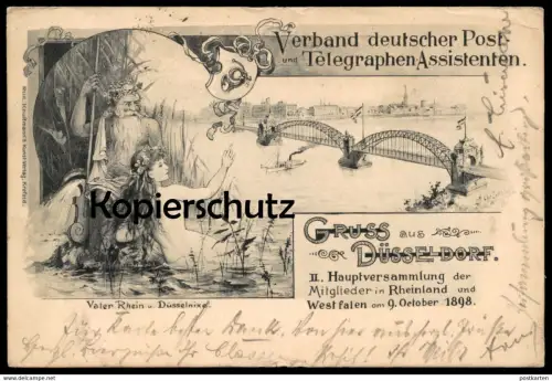 ALTE POSTKARTE GRUSS AUS DÜSSELDORF 1898 VERBAND POSTASSISTENTEN NIXE MEERJUNGFRAU NEPTUN Oceaniden mermaid nude breast