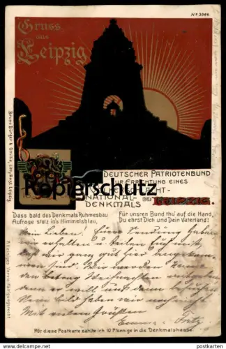 ALTE POSTKARTE VÖLKERSCHLACHTDENKMAL GRUSS AUS LEIPZIG PATRIOTENBUND Teufel Bruno Bürger & Ottillie Ansichtskarte cpa