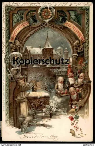 ALTE WINTER LITHO PRÄGE POSTKARTE NEUJAHRS-GRUSS AUS NÜRNBERG ZWERGE Zwerg nain midget dwarfs Neujahr Nachtwächter AK