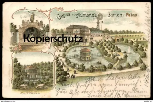 ALTE LITHO POSTKARTE GRUSS AUS AUMANN'S GARTEN PEINE ZECHER-FELSEN MUSIK-PAVILLON Ansichtskarte postcard cpa AK