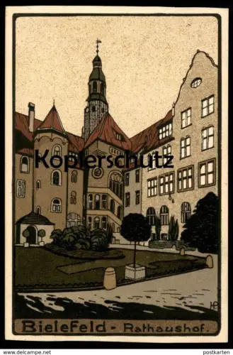 ALTE POSTKARTE KÜNSTLERSTEINZEICHNUNG STEINDRUCK BIELEFELD RATHAUSHOF STEINZEICHNUNG RATHAUS Ansichtskarte postcard cpa