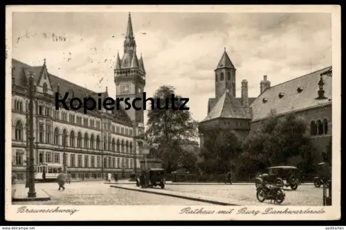 ALTE POSTKARTE BRAUNSCHWEIG RATHAUS MIT BURG DANKWARDERODE MOTORRAD motorbike moto Tram Ansichtskarte AK cpa postcard
