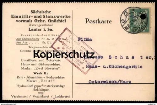 ALTE FIRMEN POSTKARTE EMAILLIER- UND STANZWERKE VORM. GNÜCHTEL LAUTERSACHSEN LAUTER BERNSBACH VERTRETER STRENGE LEIPZIG