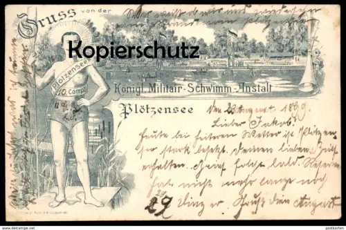 ALTE LITHO POSTKARTE GRUSS VON DER KÖNIGLICHEN MILITÄR-SCHWIMMANSTALT PLÖTZENSEE BERLIN Mann man boy semi nude cpa AK