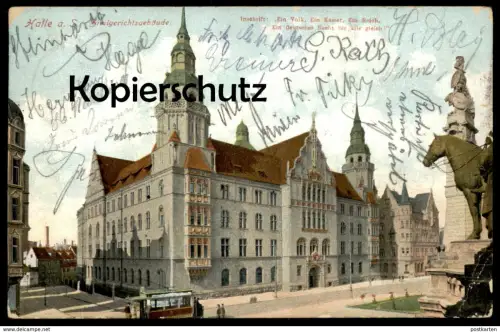 ALTE POSTKARTE HALLE SAALE ZIVILGERICHTSGEBÄUDE STRASSENBAHN INSCHRIFT EIN VOLK... Gericht Ansichtskarte AK postcard cpa