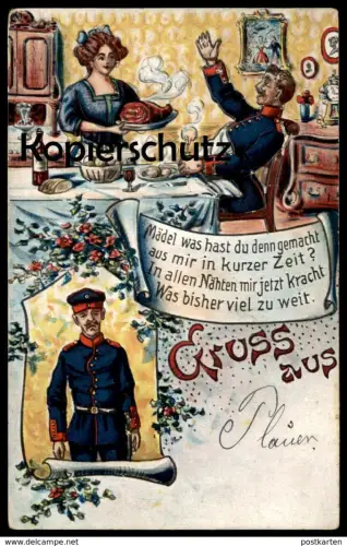 ALTE LITHO POSTKARTE GRUSS AUS PLAUEN SOLDAT HUMOR MÄDEL WAS HAST DU DENN GEMACHT AUS MIR ESSEN Hausfrau Ansichtskarte