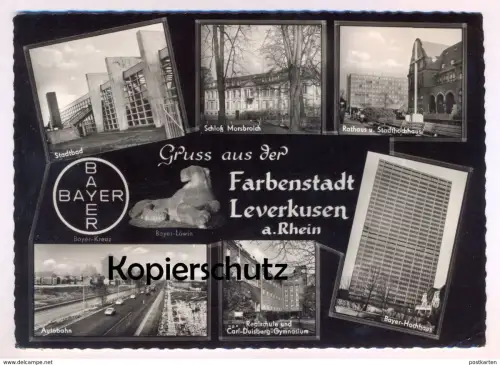 ÄLTERE POSTKARTE GRUSS AUS DER FARBENSTADT LEVERKUSEN AM RHEIN CARL DUISBERG GYMNASIUM STADTBAD MORSBROICH AUTOBAHN AK