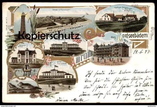 ALTE LITHO POSTKARTE INSEL AMRUM STRAND MIT EISENBAHN GRUSS AUS DEN NORDSEEBÄDERN GOLDFARBENE UMRANDUNG Ansichtskarte AK