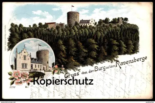 ALTE LITHO POSTKARTE BORGHOLZHAUSEN GRUSS VON DER BURG AUF DEM RAVENSBERGE RAVENSBERG Ravensburg Ansichtskarte AK cpa