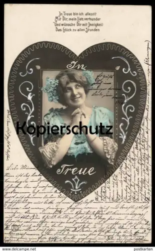 ALTE POSTKARTE FRAU IN TREUE BIN ICH ALLEZEIT INNIGKEIT TREU HERZ LIEBE love faithful dévoué devot Text Kinematograph