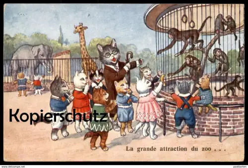 ALTE POSTKARTE KATZEN VERMENSCHLICHT ELEFANT GIRAFFE AFFE ZOO Tierpark cat cats chat chats Katze postcard cpa Kätzchen
