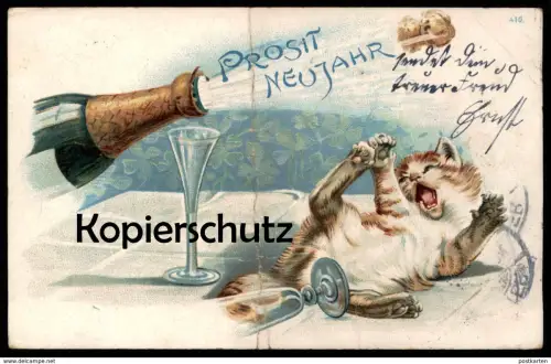 ALTE POSTKARTE BETRUNKENE KATZE PROSIT NEUJAHR SEKT drunken cat chat alcohol Alkohol cpa postcard Ansichtskarte AK