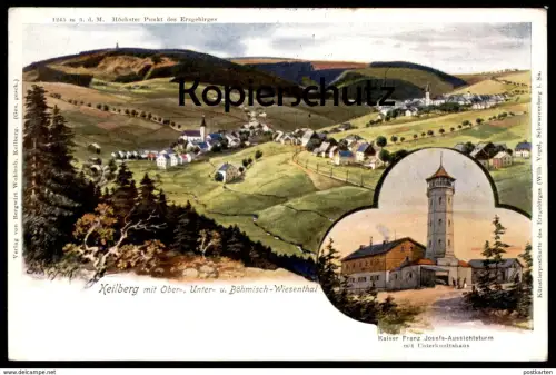 ALTE LITHO POSTKARTE KEILBERG MIT OBER- UNTER- U. BÖHMISCH-WIESENTHAL KAISER FRANZ JOSEF TURM Klinovec AK Ansichtskarte