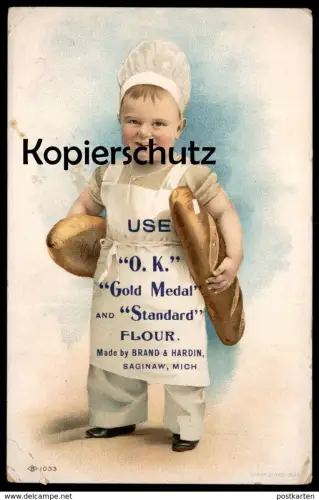 ALTE KARTE SAGINAW MICHIGAN USE O.K. GOLD MEDAL AND STANDARD FLOUR BRAND & HARDIN boy bread postcard Ansichtskarte