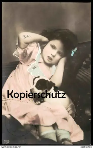ALTE POSTKARTE MÄDCHEN KIND MIT HUND SCHLECHTE LAUNE fillette young girl enfant femme child dog chien angry cpa postcard