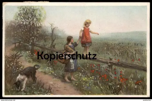 ALTE POSTKARTE KINDER HUND MÄDCHEN BALANCIERT Brot bread Balance enfants children child dog chien equilibrisme postcard
