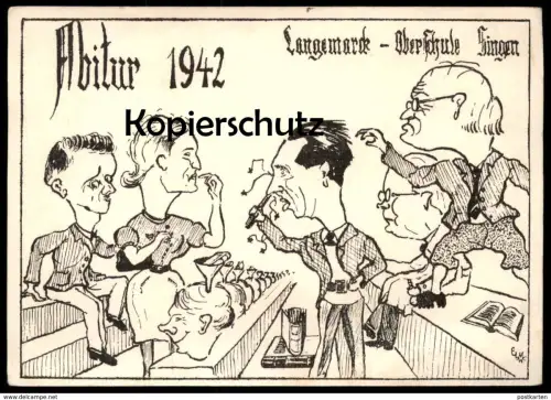 ALTE POSTKARTE ABITUR 1942 SINGEN HOHENTWIEL LANGEMARCK OBERSCHULE Karikatur Wissens-Trichter Hegau-Gymnasium AK cpa