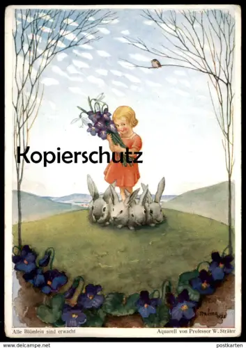 ALTE POSTKARTE ALLE BLÜMLEIN ERWACHT KIND HASEN AQUARELL VON PROFESSOR STRÄTER Hase child Ansichtskarte cpa AK postcard