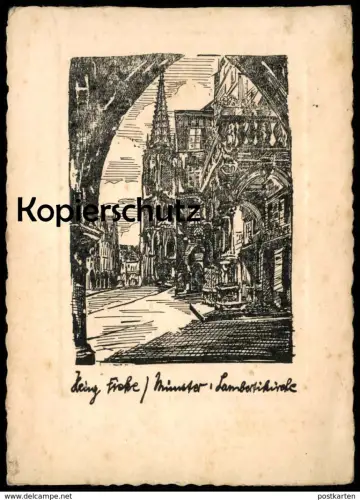 ALTE KÜNSTLER POSTKARTE MÜNSTER WESTFALEN LAMBERTIKIRCHE SIGN. HEINZ FICKE Ansichtskarte AK cpa postcard