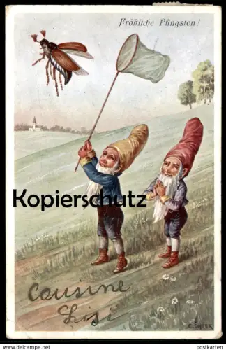 ALTE POSTKARTE FRÖHLICHE PFINGSTEN MAIKÄFER ZWERG INSEKTENFÄNGER Zwerge dwarf dwarf nains nain hanneton pentecost cpa AK