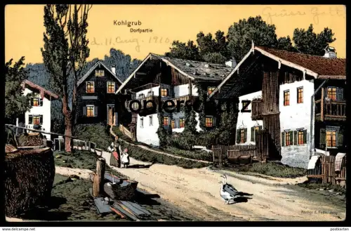 ALTE KÜNSTLER POSTKARTE KOHLGRUB DORFPARTIE EUGEN FELLE ISNY Aurora Gans Gänse postcard Ansichtskarte AK cpa