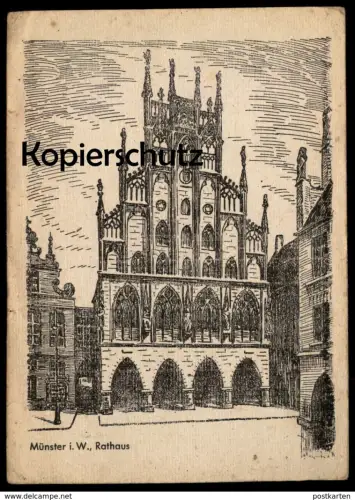 ALTE POSTKARTE MÜNSTER WESTFALEN RATHAUS STEINZEICHNUNG RADIERUNG PAPIER VERM. ZU KRIEGSZEIT postcard Ansichtskarte cpa