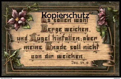 ALTE KÜNSTLER POSTKARTE SPRUCH JESAJA 54,10 VERGOLDETE BUCHSTABEN GNADE JESUS HOLZBRANDMALEREI Ansichtskarte AK postcard