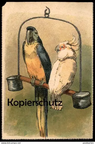 ALTE KÜNSTLER POSTKARTE PAPAGEIEN PAAR AUF EINER STANGE PAPAGEI Parrot Ara Perroquet postcard cpa AK Ansichtskarte