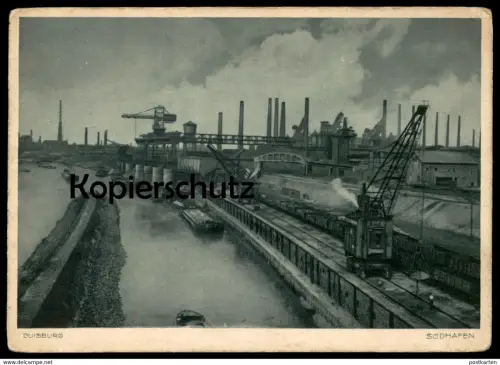 ALTE POSTKARTE DUISBURG SÜDHAFEN SCHIFFE KRAN ZUG KOHLE train crane grue cargo ship Hafen port Ansichtskarte AK postcard